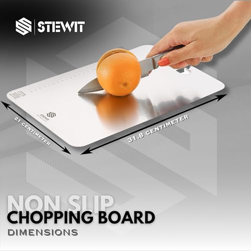 Image of Stewit Large Stainless Steel Cutting Board for Kitchen, Chopping Board for Meat, Vegetables & Fruit, Extra Large Heavy Duty Countertop Surface, Easy to Clean & Durable (32CM x 21CM)
