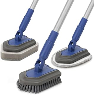 Tub Tile Scrubber Extendable Long Handle147cm,3 in1 Shower Cleaning Brush Stiff Bristle,1Microfiber Pad,2 Scrubbing Sponge for Bathroom Floor Tile Wall Sink Bathtub