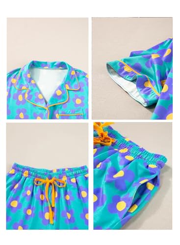 Image of KevaMolly Women Floral Notch Collar 2 Piece Holiday PJ Set | Print Short Sleeve Top, Drawstring Soft Vacation Sleep Shorts