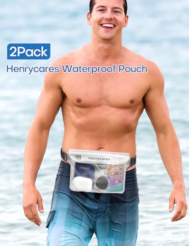 Henrycares 2-Pack Waterproof Pouch Bag for Swimming, IPX8 Waterproof Bumbag with Adjustable Waist Strap, Protect Phone Wallet Passport, for Beach, Paddle Board, Camping, Travel (Black+Crystal White)