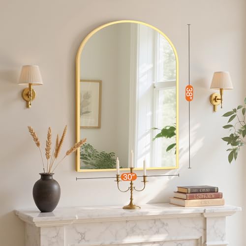Image of Sweetcrispy 38 inchx30 inch Arched Gold Bathroom Mirrors for Wall, Bathroom Mirrors for Over Sink, Metal Framed with HD Shatter-Proof Glass for Entryway, Living Room, Bedroom, Home Decor