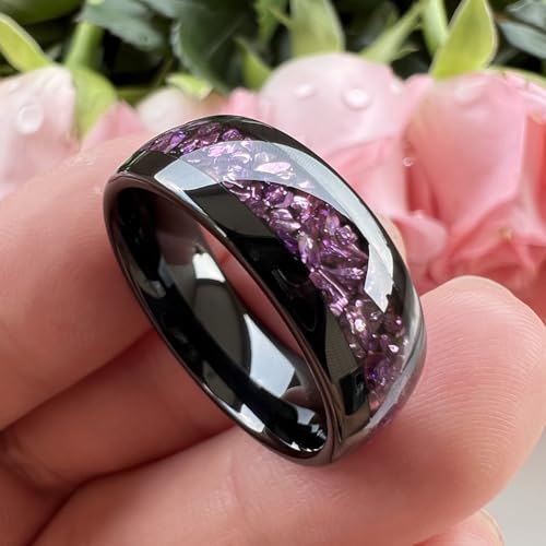 TUTISS 8mm Black Tungsten Rings for Men Women Purple Amethyst Inlay Promise Engagement Wedding Band Polished Shiny Comfort Fit Size 6 by TUTISS - Used condition - Image 2