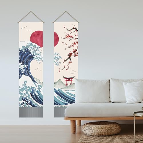 AHANDMAKER Packung Mit 2 japanischen Wellen-Wandteppichen, Ozeanwellen-Wandteppich, Rote Sonne & Wellen & Rote Kirschblüten, Quasten-Wandteppich, Wandbehang Für Zimmer, 13 x 51 Zoll