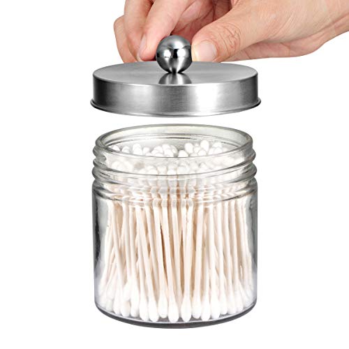 Bathroom Vanity Glass Storage Organizer Holder Canister Apothecary Jars For Cotton Swabs, Rounds, Balls, Qtips,Makeup Sponges, Flossers,Bath Salts - 2 Pack, Clear (Brushed Nickel) #TOP2