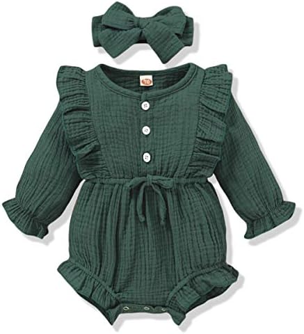 Renotemy Infant Baby Rompers Girl Cotton Linen Romper Long Sleeve Jumpsuits One-Piece Bodysuit Baby Girl Clothes 3-6 Months