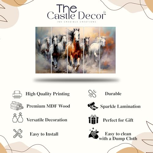 The Castle Decor 7 Horses Wall Painting for Living Room Big Size - 7 Running Horses Painting Vastu for Bedroom, Office, Hotel - Wall Decor Digital Painting Wooden Framed for Gifting (27x48 inch)