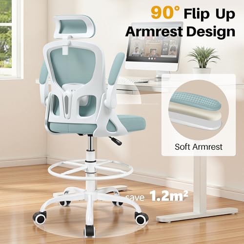 Image of Drafting Chair, Tall Office Chair for Standing Desk, Ergonomic High Back with Headrest, Lumbar Support, Foot Ring and Flip-up Armrests, Light Blue