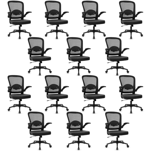 Image of KLASIKA Desk Chairs with Wheels, Ergonomic Mesh Back PU Leather Seat Home Office Adjustable Lumbar Support and Height Swivel Rolling Computer Task Chair with Flip Up Arms for Conference, Black, 14PK