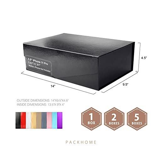 PACKHOME 5 Gift Boxes 14x9.5x4.5 Inches, Large Gift Boxes with Lids Groomsman boxes,Sturdy Gift Boxes, Collapsible Gift Boxes with Magnetic Closure (Glossy Black, Grass Texture)