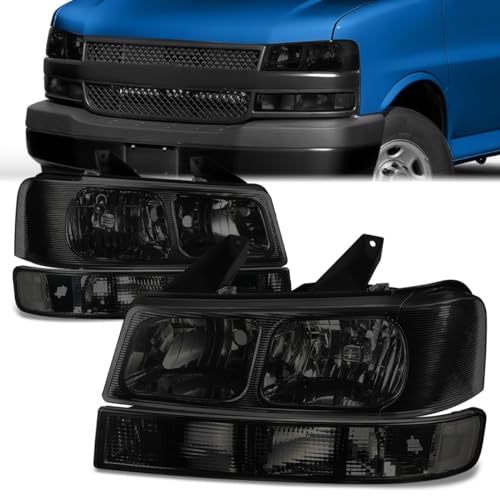 Headlight Assembly Compatible with 03-24 GMC Savana Chevy Express 1500 2500 3500 4500 Left Right Headlmaps with Bumper Lights Smoked Lens Clear Corner GM2502233 GM2503233 GM2520188 GM2521188
