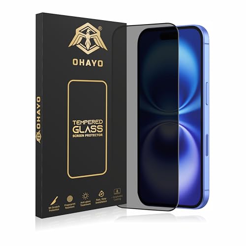 Image of OHAYO Military Strength Tempered Glass Screen Protector For iPhone 16 and 15 (Privacy) | 9H+ Hardness, Strong Protection, Full Screen Edge-to-Edge Cover, Scratch Resistant, Bubble-Free Install, Ultra HD Clarity