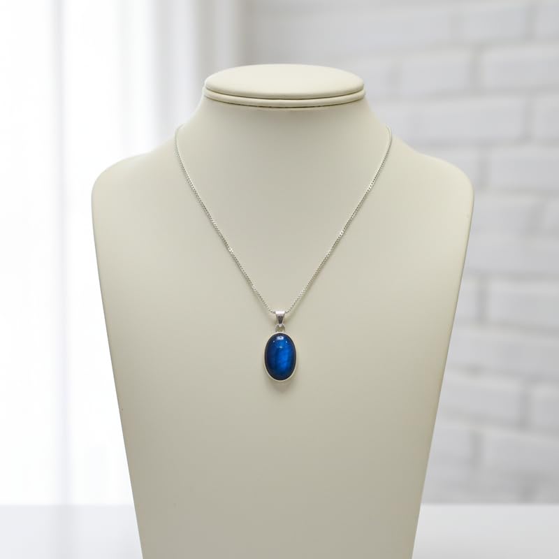 Collier quartz bleu naturel pendentif pierre ovale facettes avec chaîne 45 cm