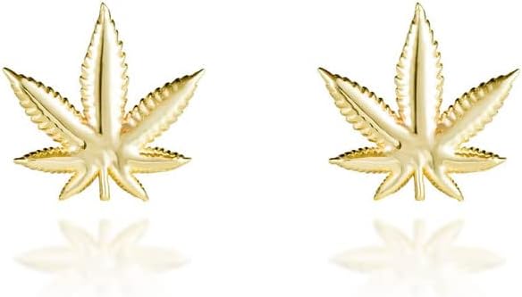 10K or 14K Yellow Gold Polished 420 Pot Ganja Weed Cannabis Marijuana Leaf (0.38") Stud Earrings for Women - Choice of Metal