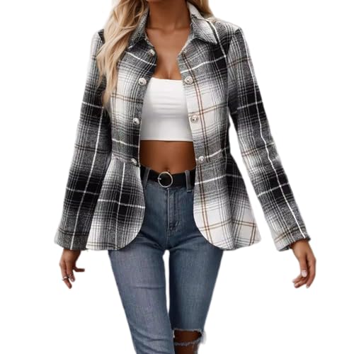 Womens Plaid Twilled Ruffle Hem Blazer Business Lapel Tweed Herringbone