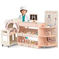 COSTWAY Centre Médical Enfant Bois – Machine CT + Films + 23 Accessoires – Chariot Rose – Dès 3 Ans – 58x35,5x86 Cm