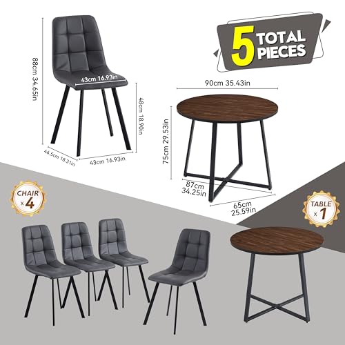 Image of Mid Century Modern 35 inch Round Wood Top Cross Legs Dining Table Set for 4, Cozy Faux Leather Chairs w /Steel Legs, Coffee Table for Kitchen, Office, Save Space (Brown Top, Grey Chairs)