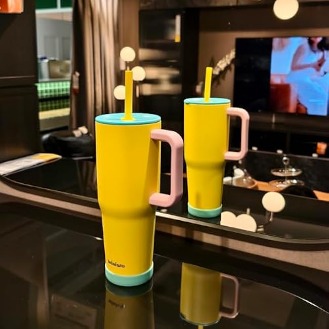 40 oz Tumbler with Handle and Straw for Her, Flexible Straw, Insulated Tumbler Cups with Silicone Bottom, Keeps Beverages Cold Up to 24 Hours, Gym/Work/Travel/School/Gift£¨Lemon Yellow£©
