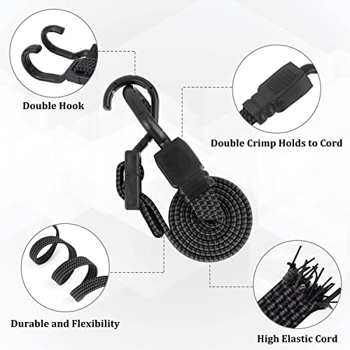 4 Pack Bungee Cords With Hooks, Adjustable Bungee Cords With Hooks Heavy Duty, Flat Elastic Long Rubber Black Bungee Straps With Metal Hooks For Outdoor Camping, Bikes, Cars, Luggage Racks #TOP3