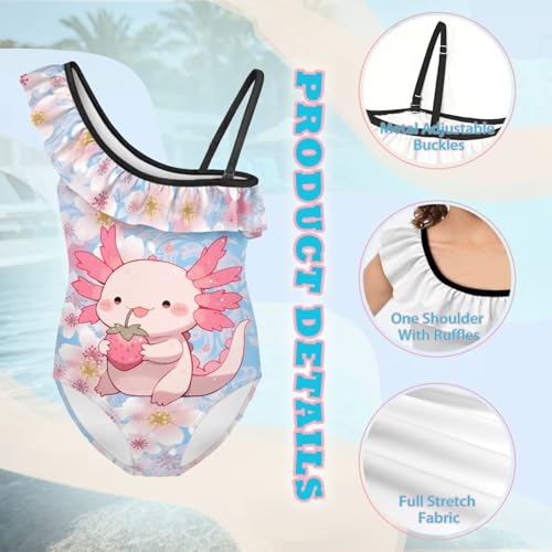 Image of WELLFLYHOM Axolotl Girls One Piece Swimsuits 3-14 Ruffle One Shoulder Bathing Suits Full Coverage Beachwear