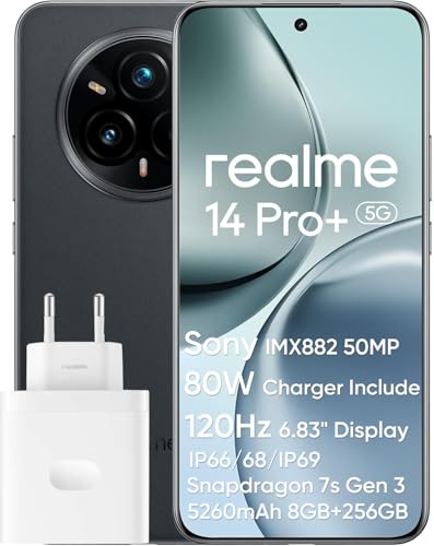 realme 14 Pro+ 5G Smartphone, 50MP Sony OIS Camera, Snapdragon 7s Gen 3 Chipset, 5260mAh Battery, 80W Fast Charge, 1.5K OLED Display, IP69, Dual Nano SIM, 8+256GB - Negro