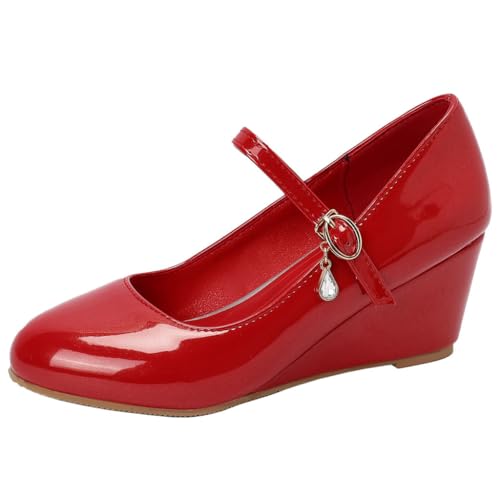 DINTAHA Low Wedge Heels, Mary Jane Wedge Shoes Women Patent Leather Pumps with Ankle Strap