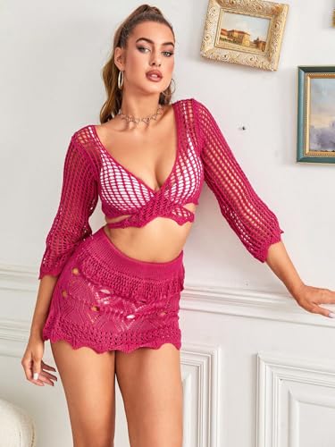 Women's Hollow Out Casual Wrap Tie Front Sweater Knit Skirt Cover Up Swimwear3