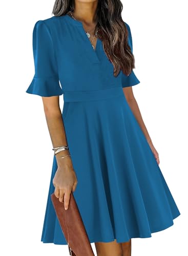 Image of Mokayee Womens Summer V Neck Ruffle Short Sleeve Fit and Flare Knee Length Church Wedding Guest Dresses with Pockets