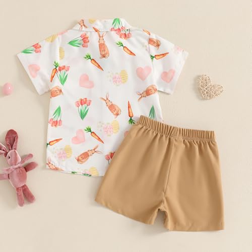 Image of Owl's-Yard Baby Boy Easter Outfits Rabbit Carrot Short Sleeve Button Down Shirts and Solid Color Shorts 2 Pcs Summer Set