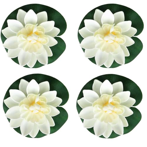 MHYGKTXRA 4 Pcs Artificial Floating Foam Lotus Flower with Water Lily Pad, Lifelike Ornament Home Garden Pond Decor Indian Decorations Return Gifts, White