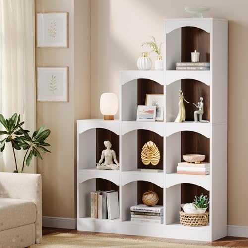 Image of Tribesigns 9 Cubes Bookshelf, Modern 9-Cube Stepped Etagere Bookcase, L-Shaped Ladder Corner Open Bookshelf, Wood Storage Display Shelf for Living Room Home Office, White
