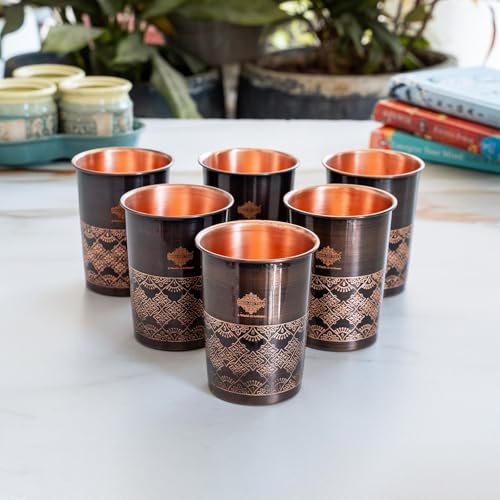 Image of INDIAN ART VILLA Copper Antique Dark Embossed Drinking Glass, Pure Copper Ayurvedic Water Tumbler for Home, Office, Restaurant Use, Traditional Drinkware Gift Item, 275 ML, Set of 6