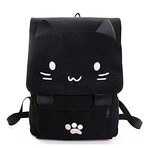 Heeucnon Bolsa de estudante de lona bordada de com desenhos animados feminina mochila de bolsa escolar preta e