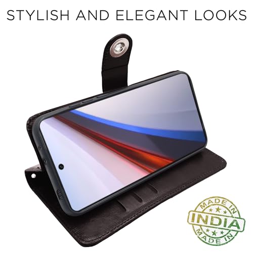 Image of Pikkme iQOO 12 5G Flip Cover Leather Finish | Inside TPU with Card Pockets | Wallet Stand and Shock Proof | Complete Protection Button Flip Case (Coffee)