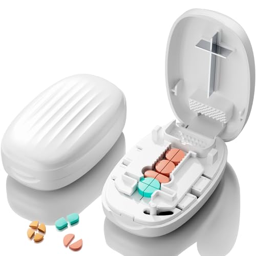 Pill Cutter Splitter for Small and Tiny Pills, 1/2 1/4 Pill Splitter for Small Pills,Vitamins, Tablets in Half or Quarters, Accurate and Easy Cutting, Stainless Steel Blade, Back Storage (White)