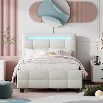 Elephance Twin Size Upholstered Platform Bed with LED Frame and 2 Drawers, Linen Fabric, Easy Assembly Platform Bed, Wooden Slat Support No Box Spring Needed,Beige