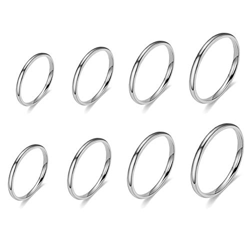8pcs Knuckle Silver Ring Set for Women Teens Girls Cute Titanium Stainless Steel 1.2mm Thin Domed Band Ring Jewelry Stackable Rings Smooth Polished Comfort Fit