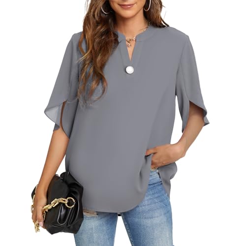 Funlingo Womens Short Sleeve Tops Dressy Casual Summer Shirts Ladies V Neck Chiffon Blouse Business Office Flowy Clothes Grey M