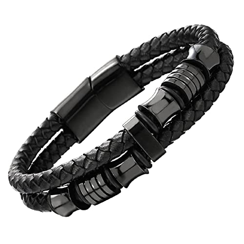 Image of Black Braided Leather Bracelet For Men