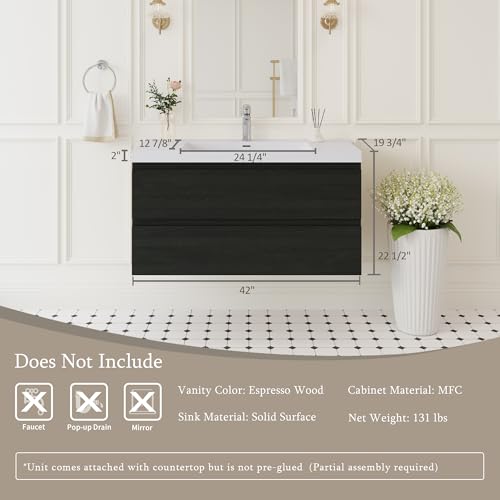 Image of KEIKI 42 inch Floating Bathroom Vanity with Sink, Pre-Assembled Wall-Mounted Vanity with Solid Surface Basin, Soft-Close Drawers, Modern Space-Saving Bathroom Cabinet, Black