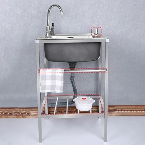 Free Standing Stainless Steel Outdoor Utility Sink with Storage Shelves and Faucet - Ideal for Garage, Restaurant, Kitchen, Camping