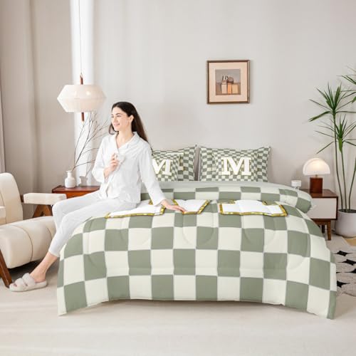 Image of Erosebridal Sage Green Checkered King Bedding Set 7 Piece Plaid Initial M Bed in A Bag with Sheets Personalized Monogram Comforter Set for Kids Adults,Fashion Grids Gingham Bed Sets
