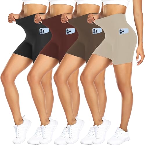 FULLSOFT-4-Pack-Biker-Shorts-for-Women--5-High-Waist-Tummy-Control-Workout-Yoga-Running-Compression-Exercise-Shorts-with-Pockets4-Pack-BlackDeep-RedMochaKhakiLarge-X-Large