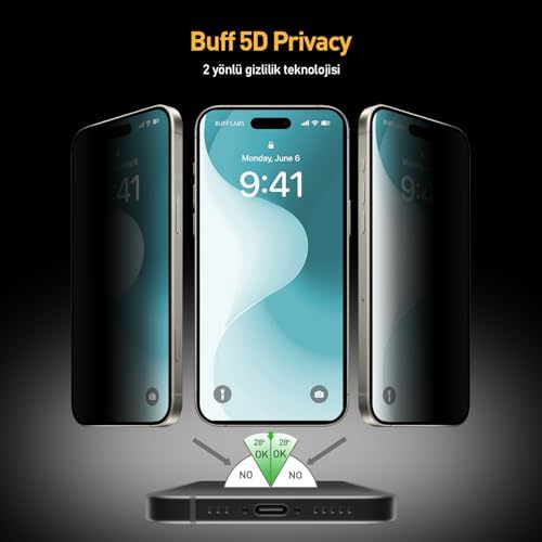 BUFF LABS iPhone 16 Serisi ile Uyumlu 5D Privacy EasyFit 2 Adet Kolay Uygulama Aparatlı Ekran Koruyucu Temperli Cam Hayalet Ekran (iPhone 16) - Görsel 2