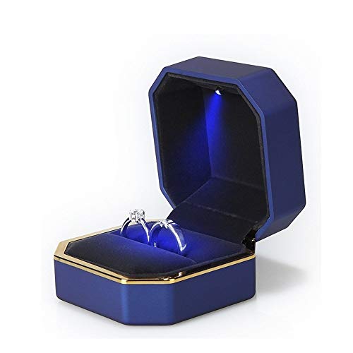 Image of Luxury Ring Box, Square Velvet Wedding Ring Case Jewelry Gift Box with LED Light for Proposal Engagement Wedding, Blue