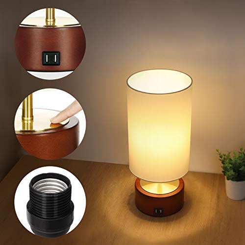 USB Table Lamp, Boncoo Bedside Touch Control Lamp with 2 USB Charging Ports, Dimmable Minimalist Solid Wood Nightstand Lamp Round Fabric Shade for Bedroom Dresser Living Room, A19 6W LED Bulb Included - Thumbnail 4