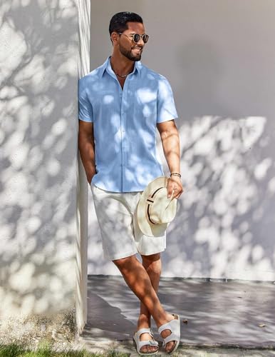 Image of COOFANDY Men's Button Down Short Sleeve Shirt Casual Cotton Summer Beach Wedding Linen Shirts with Pocket