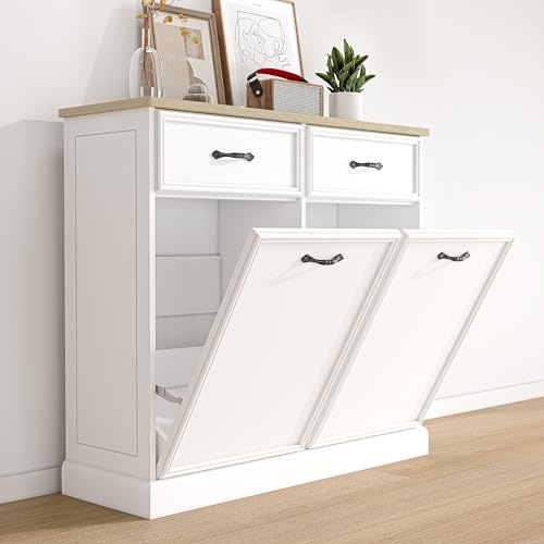 Cabihome 3UWEQKS45_TB8I70RXA4UABFMGT3F Double Tilt Out Trash Cabinet, Freestanding Trash Can Cabinet 20 Gallon Storage, Hidden Pet-Proof Garbage Can Cabinet Laundry Hamper cover