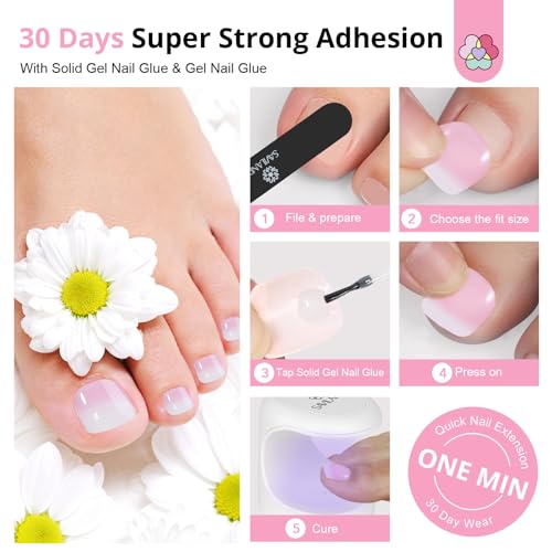 SAVILAND Gel Nail X Kit for Toes: 216 Pcs Toenail Press Ons White Pink Ombre Fake Toe Nails Long Lasting Solid Nail Glue Gel Nail Dryer Acrylic Nail Drill for Quick Nail Extension Starter Home DIY
