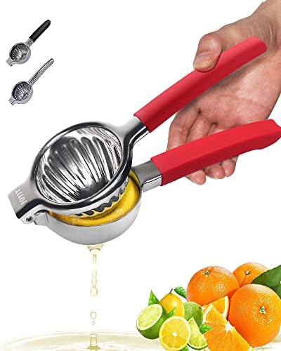 JOYIT Extra Large Lemon Squeezer Stainless Steel - Premium Heavy Duty Lemon Juicer Hand with Food Grade Silicone Handle, Ergonomic Manual Citrus Juicer with Solid Metal Squeezer Bowl (Red)