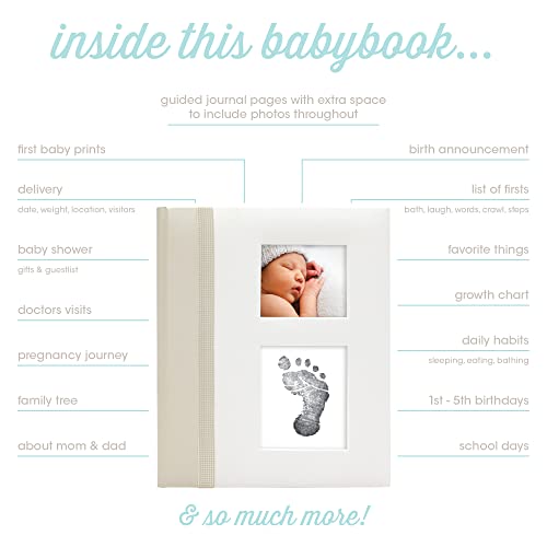 Pearhead First 5 Years Baby Memory Book With Clean-Touch Baby Safe Ink Pad To Make Baby’s Hand Or Footprint Included, Gender Neutral Registry Gift, Ivory Classic #TOP1
